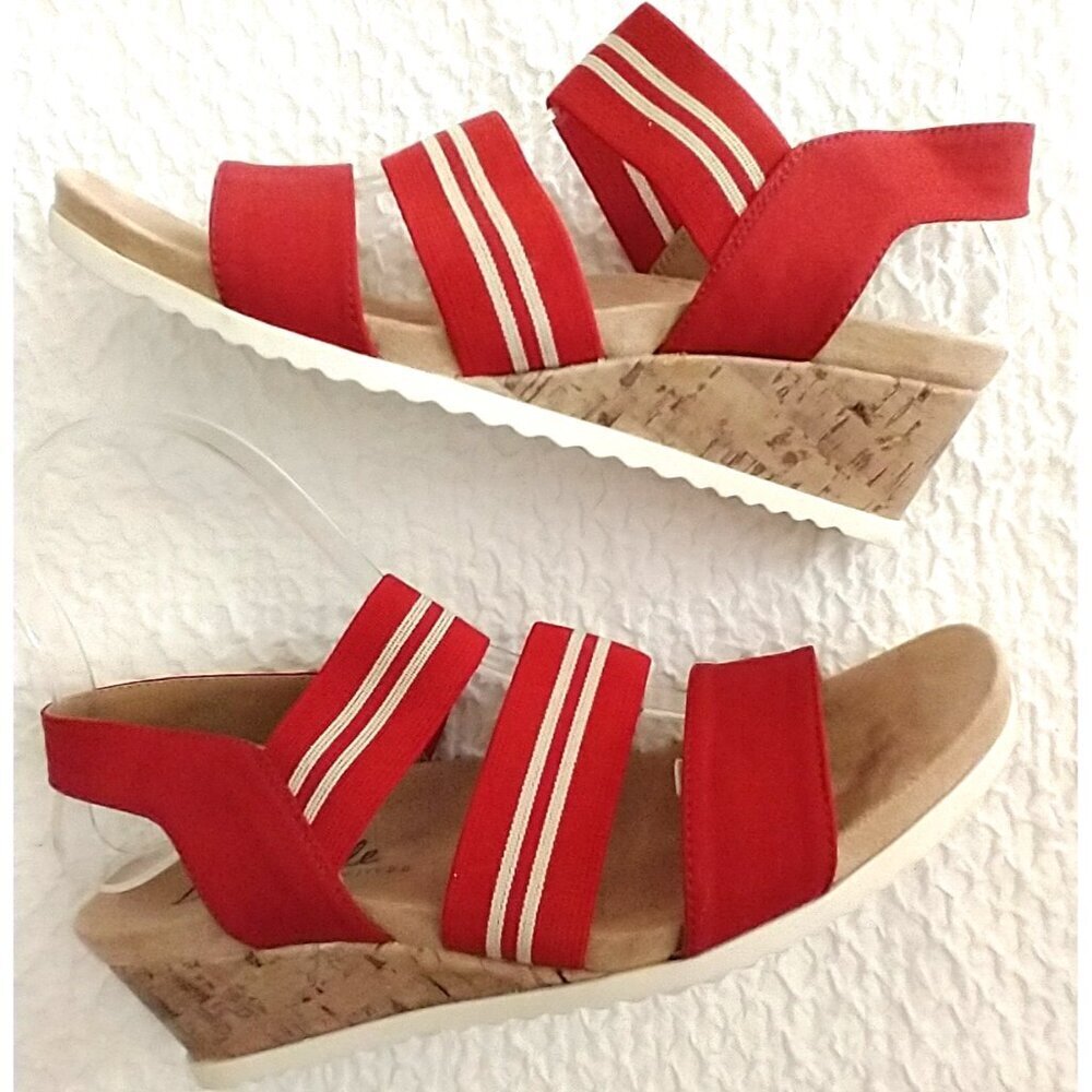 LifeStride Women's Sunshine Red Cork Wedge Sandals Elastic Strap Slip-Ons 7.5M